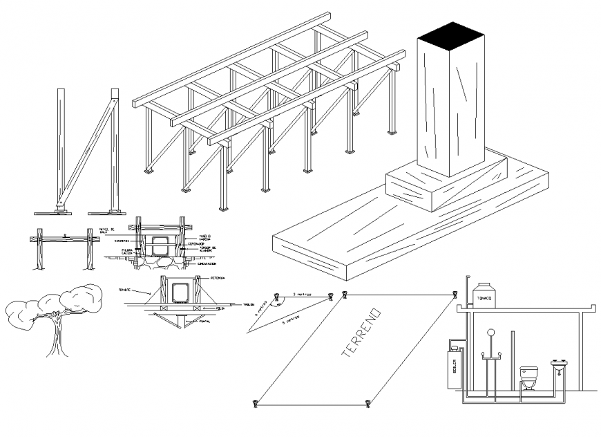 Rain forcing rods flat slab elevation and isometric view dwg file