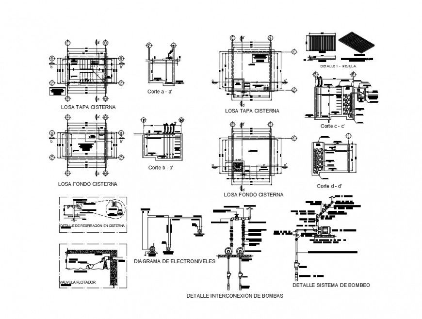 Rainwater cistern section, plan and structure details dwg file