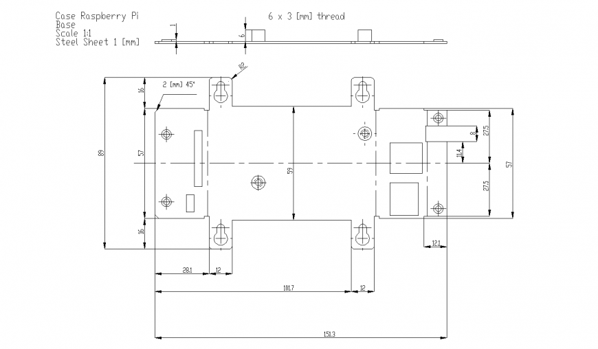 Raspberry metal case detail layout plan in dwg AutoCAD file.