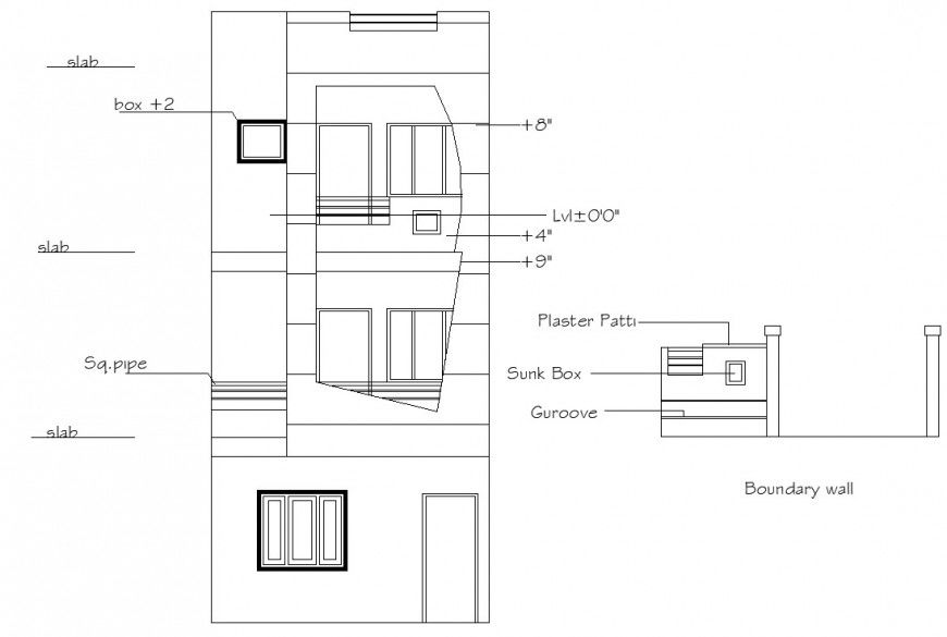 Raw house front elevation drawing in dwg file.