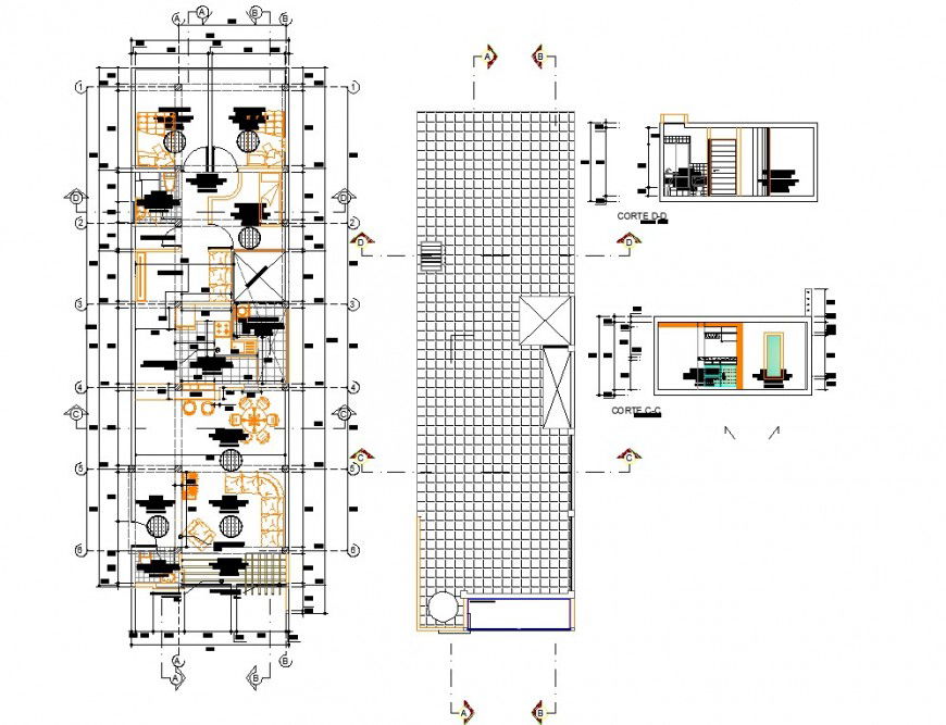 Raw house working drawing with section line in dwg file.