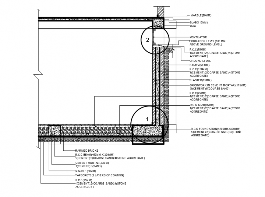 RC wall construction details with concrete slab cad  drawing details dwg file