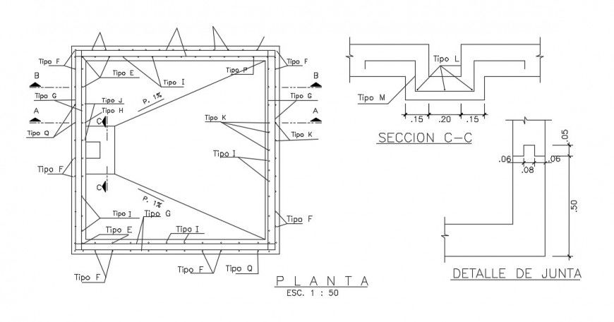 RCC construction detailing of tank 2d view dwg file