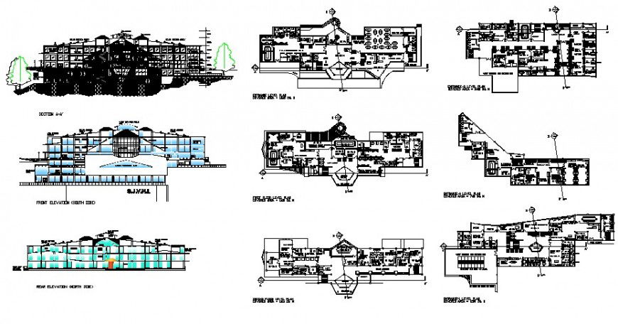 Re-creation center building elevation, section and floor plan cad drawing details dwg file