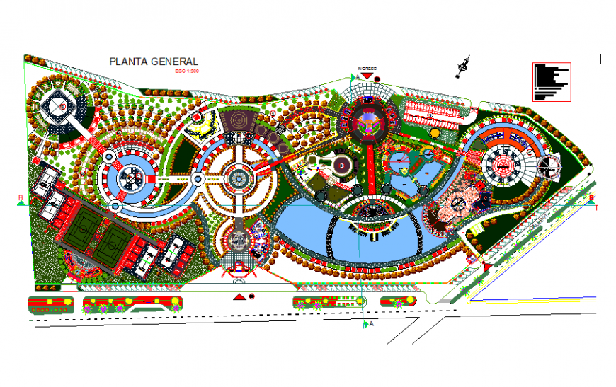 Re-recreational park center structural layout plan and landscaping structure details dwg file
