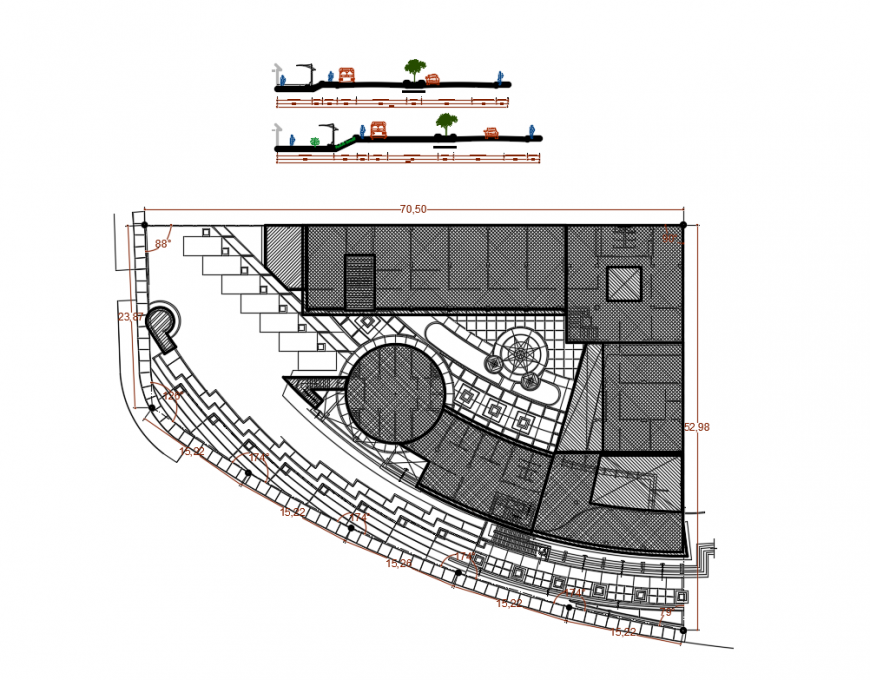 Re-recreational park gate elevation and landscaping structure details dwg file