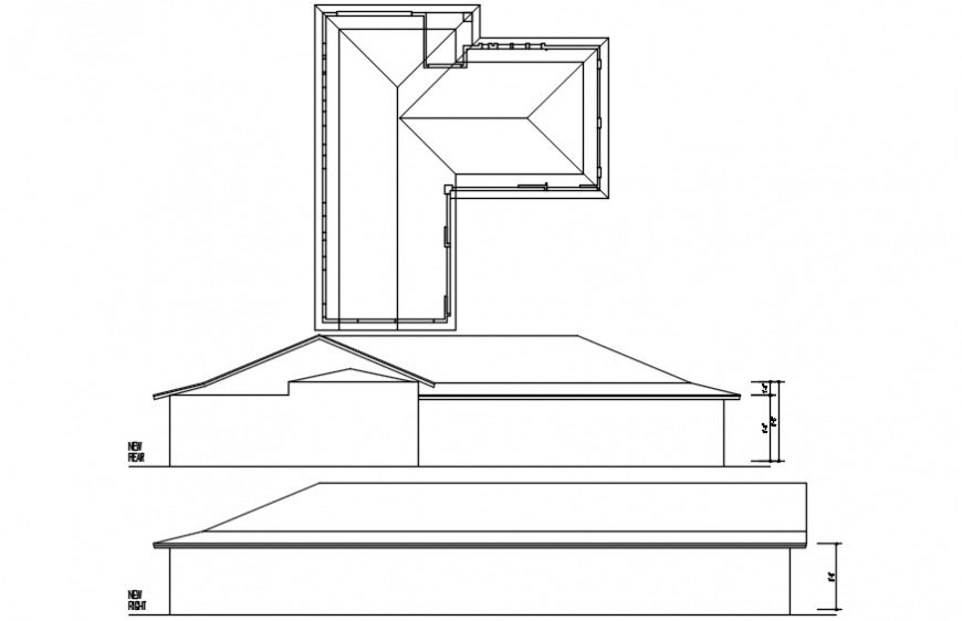 Rear and right side elevation of house with roof structure cad drawing details dwg file