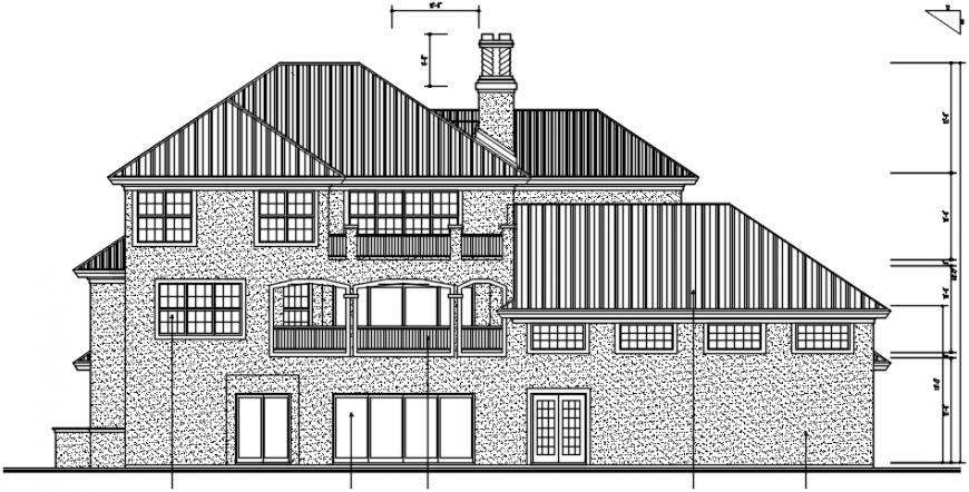 Rear elevation drawing details of two story roof house dwg file