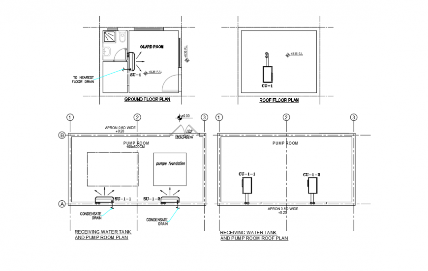 Receiving water tank and pump room plan with guard house dwg file