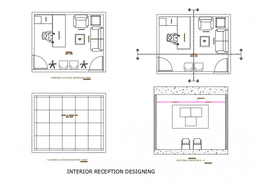 Reception area of office plan and sectional detail 2d view autocad file