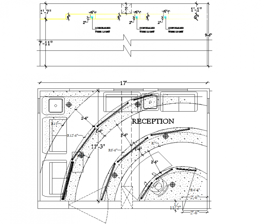 Reception ceiling design plan and section detail dwg file