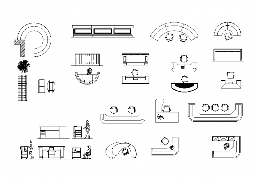 Reception Desk CAD Layout with Detailed Elevation and Furniture Views