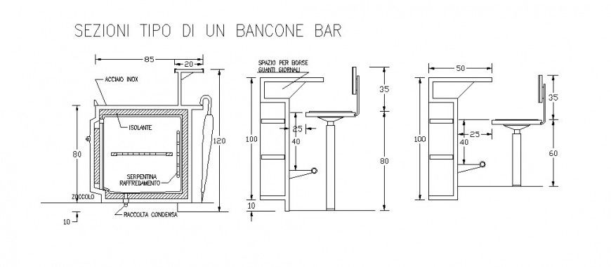 Reception table of bar-elevation, section, plan and carpentry details dwg file