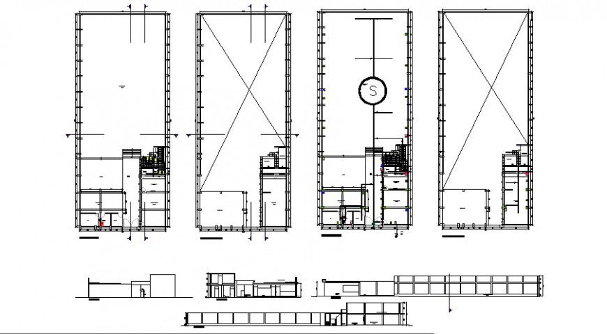Recreation center elevation and section with safety and plan drawing details dwg file