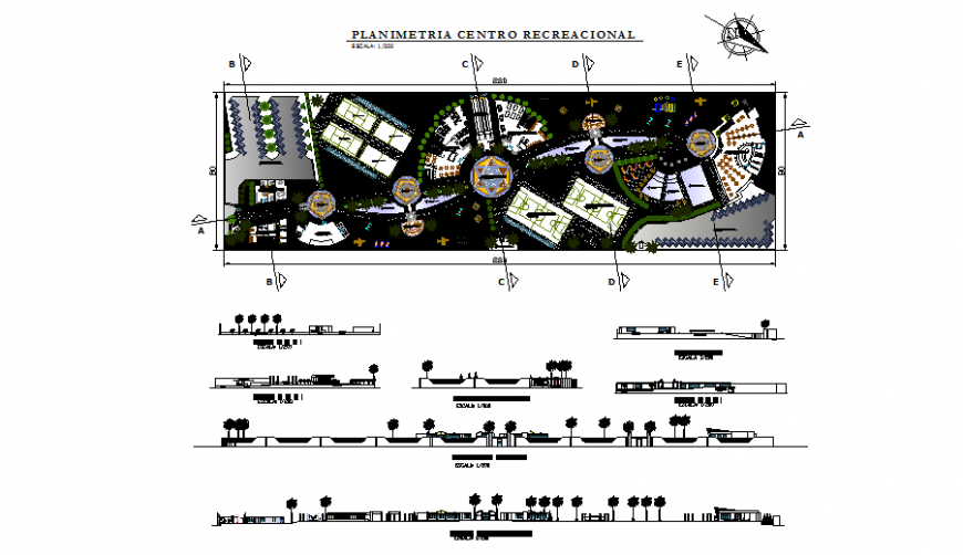 Recreational center park elevation, sections and landscaping structure details dwg file