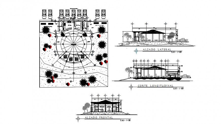 Recreational park elevation, plan and section 2d view layout dwg file