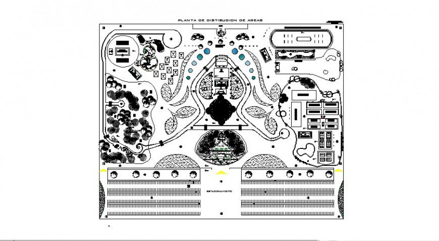 Recreational playing park distribution plan in auto cad