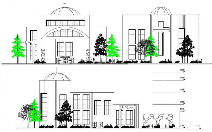 Regional church main, back and side elevation drawing details dwg file