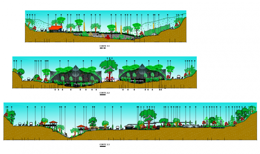 Regional zoo park all sided section and landscaping details dwg file