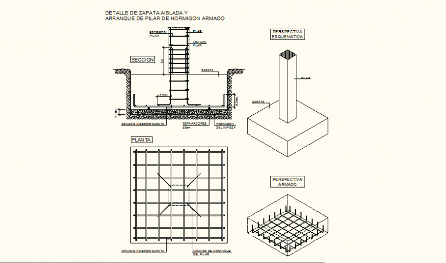 Reinforced concrete footing and pillar detail elevation and plan dwg file