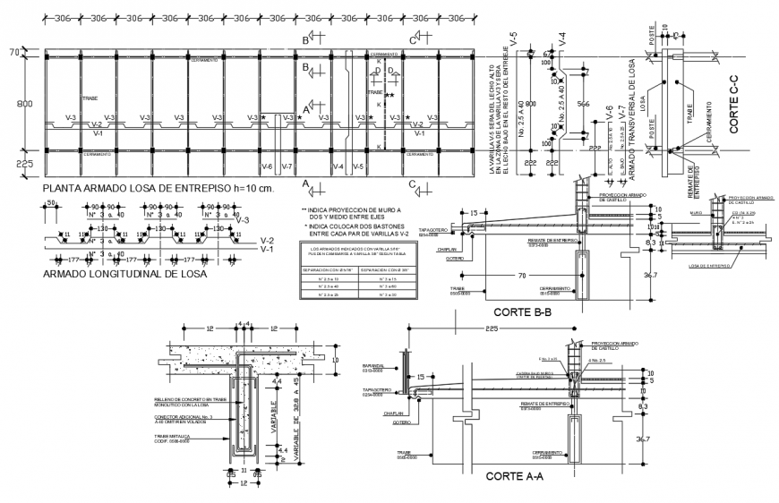 Reinforced concrete slab detail with construction view dwg file
