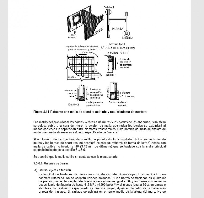 Reinforcement with welded wire mesh and mortar coating detail
