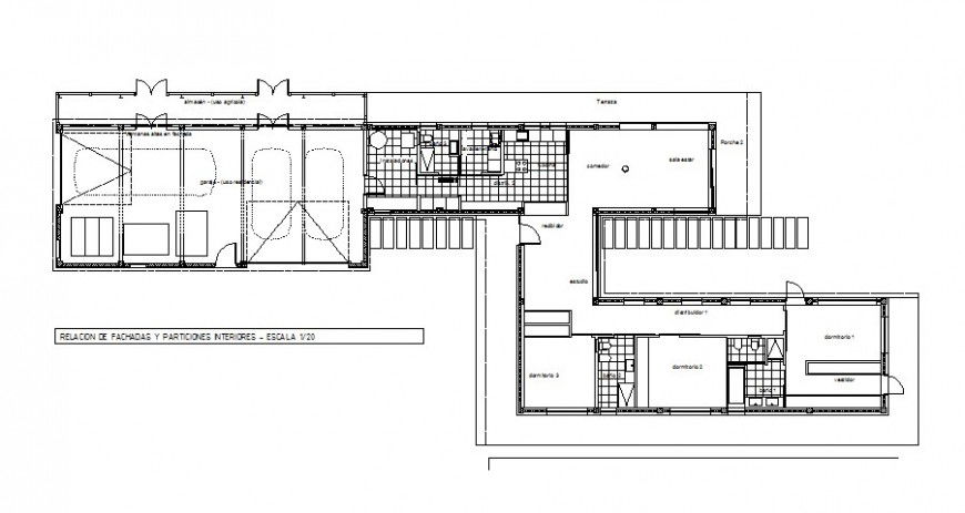 Relationship of facades and interior partitions drawing in dwg file.