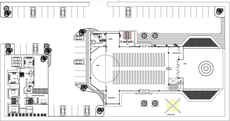 Religious church distribution plan and landscaping details dwg file