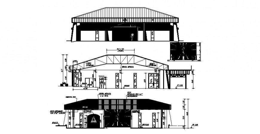 Religious church main and back elevation and main section details dwg file