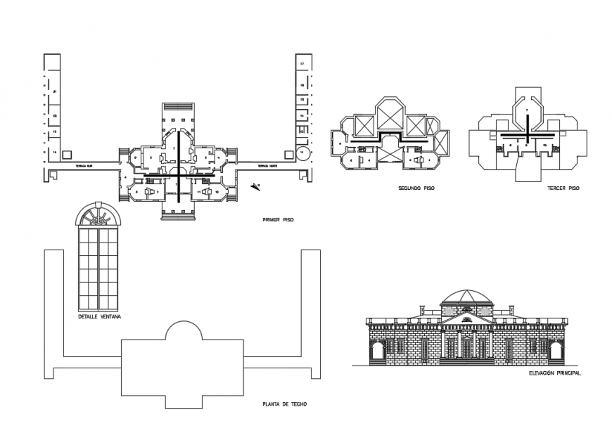 Religious mosque elevation, foundation plan, first, second and third floor plan details dwg file