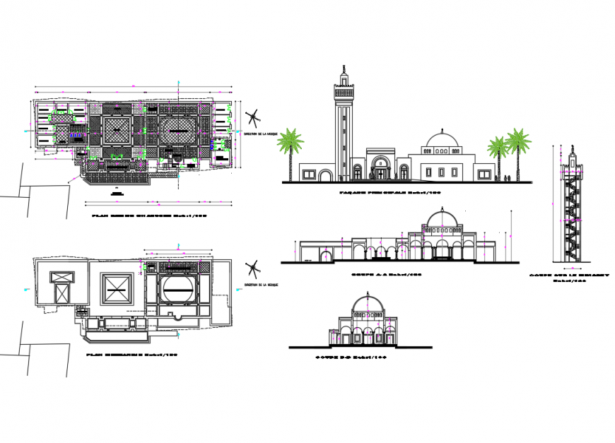 Religious mosque elevation, section, staircase section and plan details dwg file