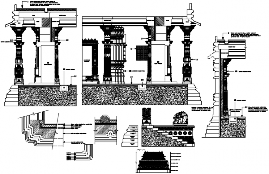 Religious temple all sided constructive section and column details dwg file