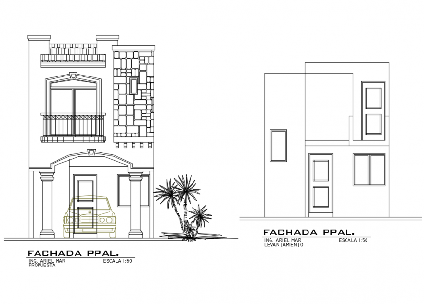 Remodeling minimum house facade and back elevation details dwg file