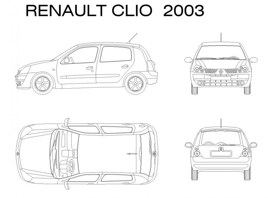 Renault clio 2003 elevation car detail dwg file