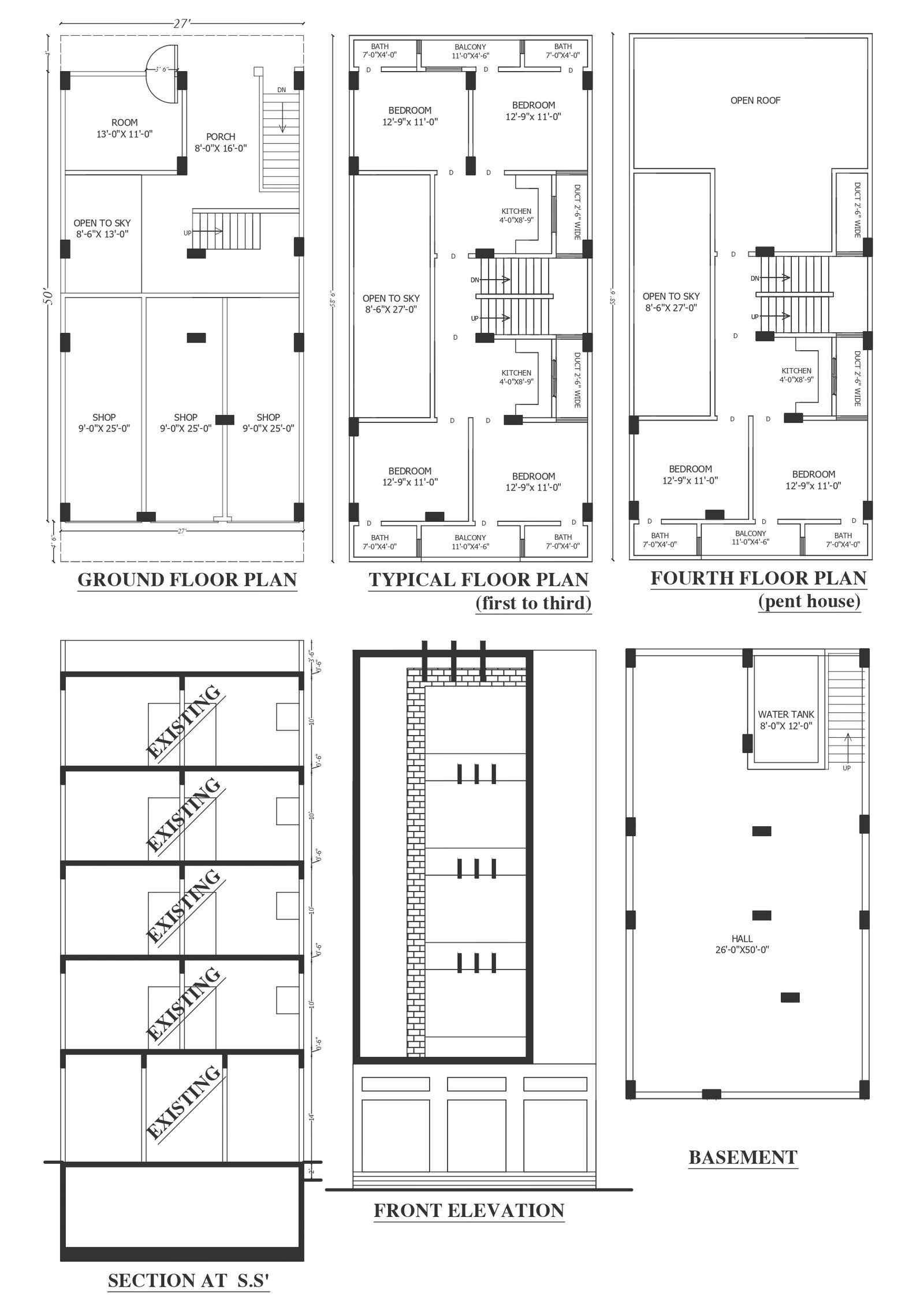 renovation of ground plus four floor apartment building facade design dwg autocad drawing .