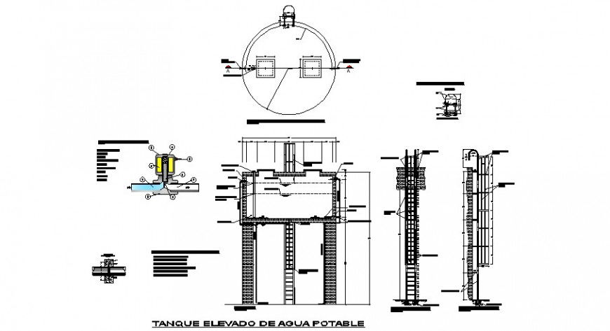 Reservoir water tank and jack ladder water plumbing structure details dwg file