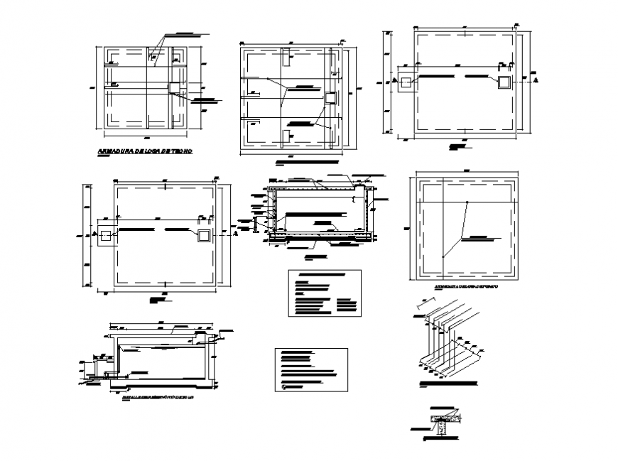 Reservoir water tank section and constructive structure details dwg file