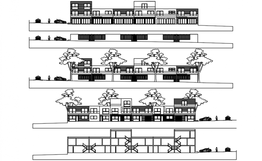 Residence building all sided elevation cad drawing details dwg file