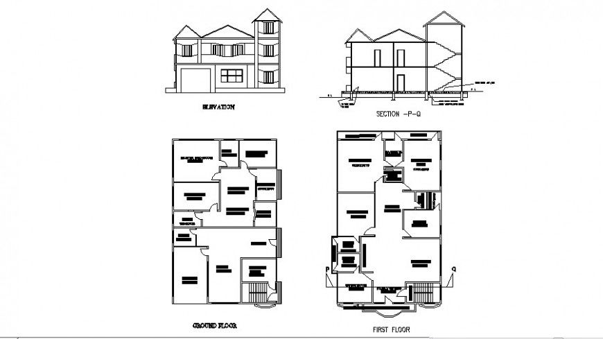 Residence house two-story elevation, section and floor plan cad drawing details dwg file
