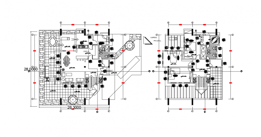 Residence house two story floor plan distribution drawing details dwg file