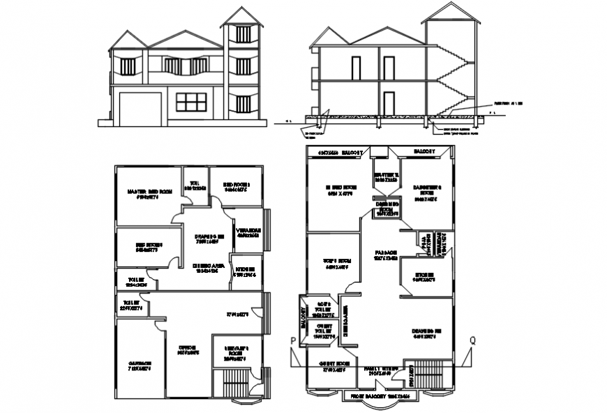 Residence two level main elevation, section and floor plan drawing details dwg file