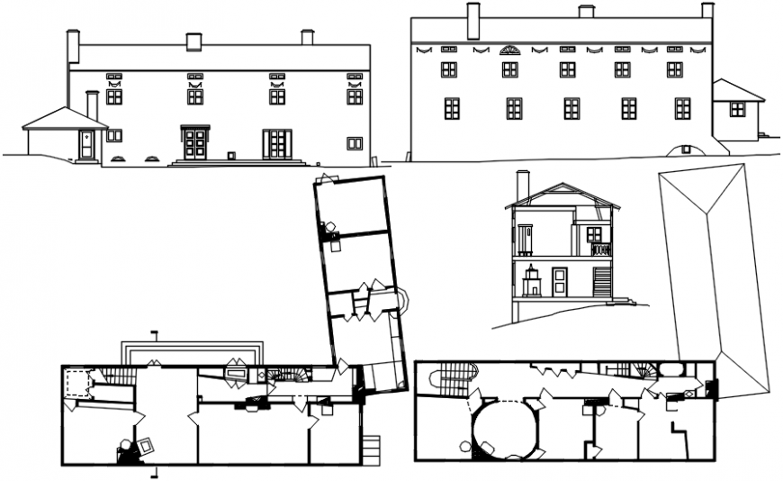 Residence villa elevation, section and plan cad drawing details dwg file