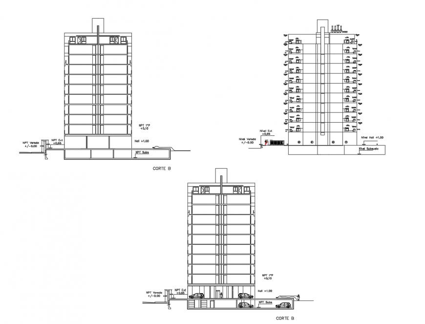 Residential apartment building all sided section and gas installation details dwg file