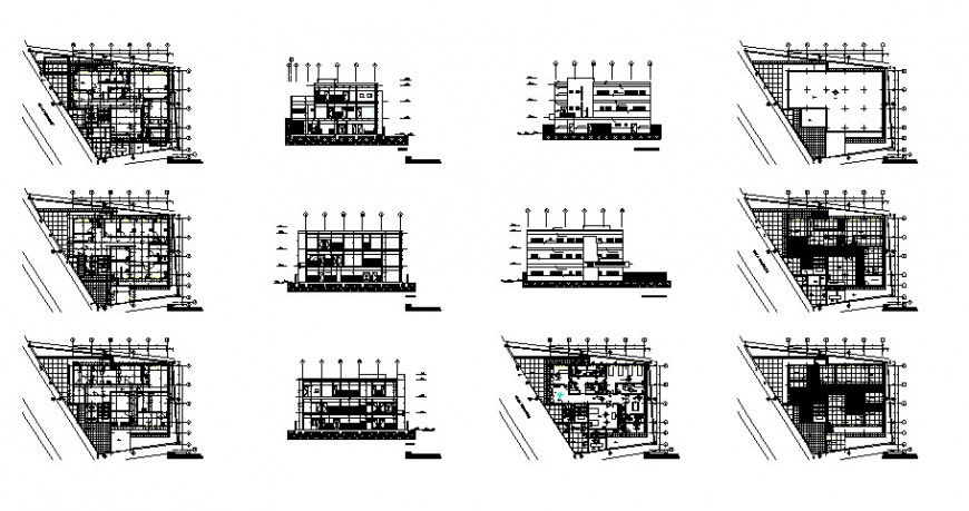 Residential apartment building elevation, section and plan details dwg file