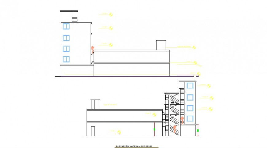 Residential apartment building front and back elevation drawing details dwg file
