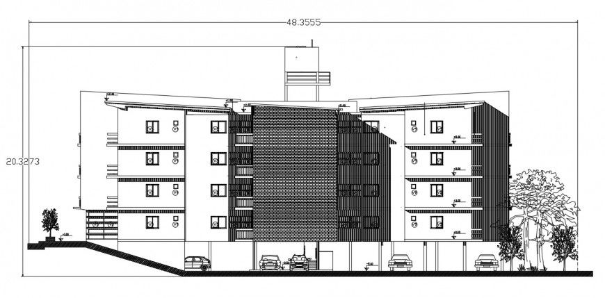 Residential apartment building frontal elevation cad drawing details dwg file
