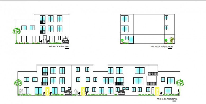 Residential apartment building main, back and side elevation cad drawing details dwg file