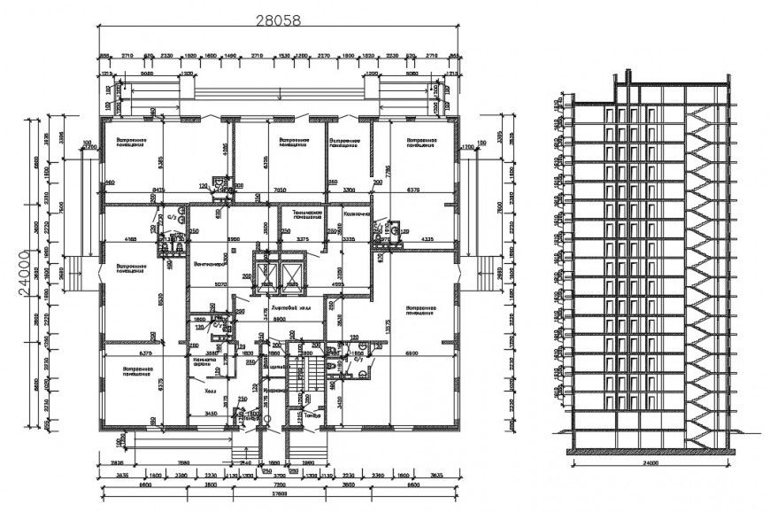 Residential apartment building main section and sanitary installation details dwg file