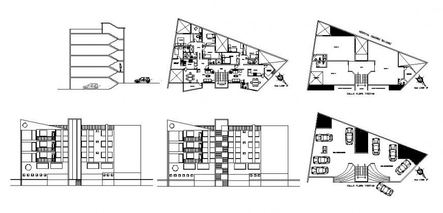 Residential apartment building multi-level elevation, section and floor plan cad drawing details dwg file
