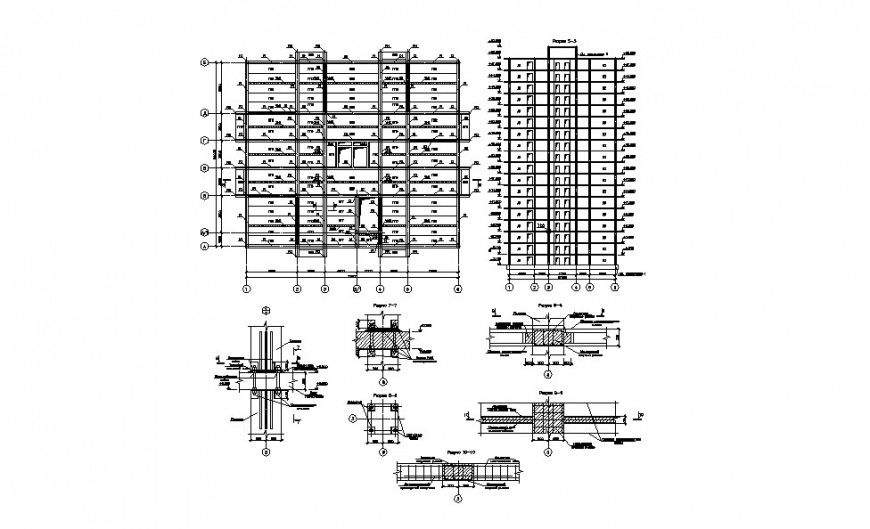 Residential apartment building section with dimensions and structure details dwg file
